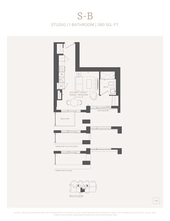 A floor plan for a studio apartment with a bathroom and a balcony.